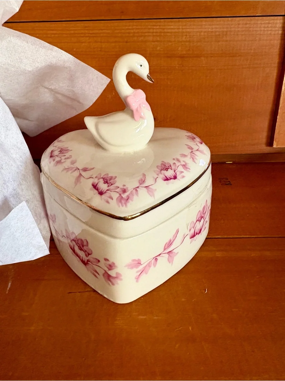 Porcelain Swan Heart Jewelry Trinket With Gift Box, Pink Floral Romantic Gift